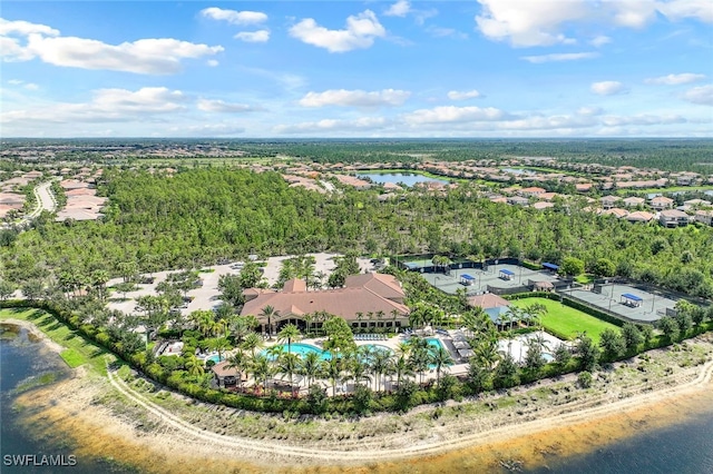 bird's eye view with a water view