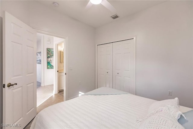 bedroom with ceiling fan and a closet