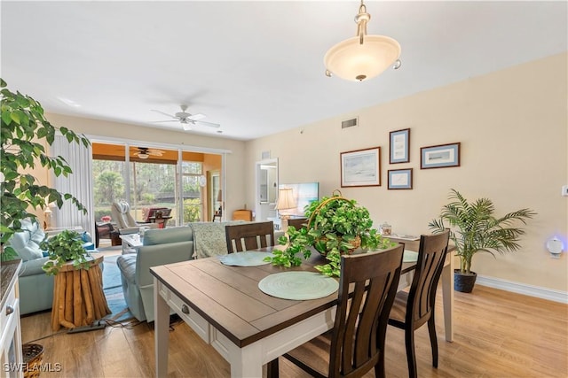 dining area with light hardwood / wood-style floors and ceiling fan