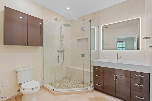 bathroom featuring vanity, toilet, and walk in shower