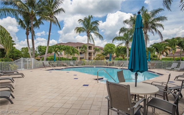 view of swimming pool featuring a patio area