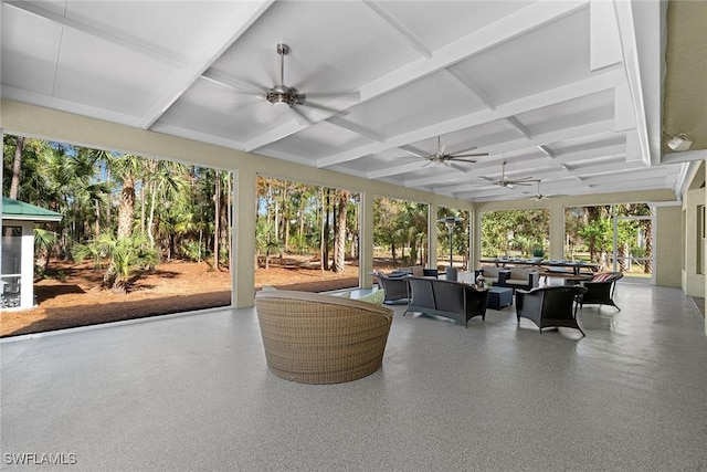 view of patio featuring an outdoor living space and ceiling fan