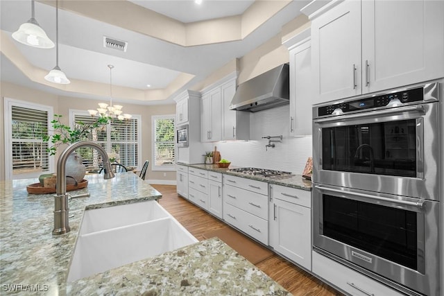 kitchen featuring white cabinetry, sink, wall chimney exhaust hood, stainless steel appliances, and a tray ceiling