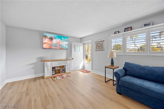 living area with light wood-type flooring and a textured ceiling