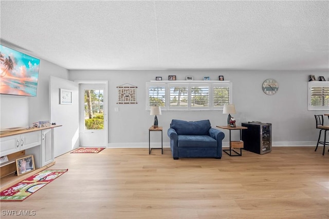 sitting room featuring light hardwood / wood-style floors and a textured ceiling