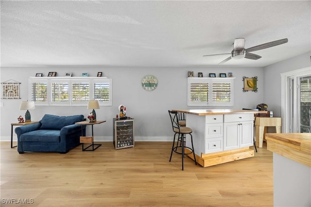 interior space with white cabinets, plenty of natural light, a textured ceiling, and light hardwood / wood-style flooring