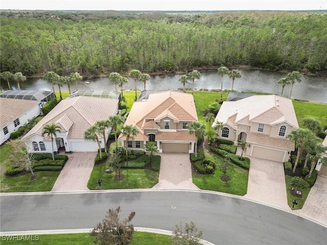 bird's eye view with a water view