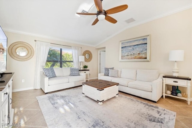20680 Vita Ct, Venice, FL 34293 - living room with light tile patterned floors, a ceiling fan, crown molding, and lofted ceiling