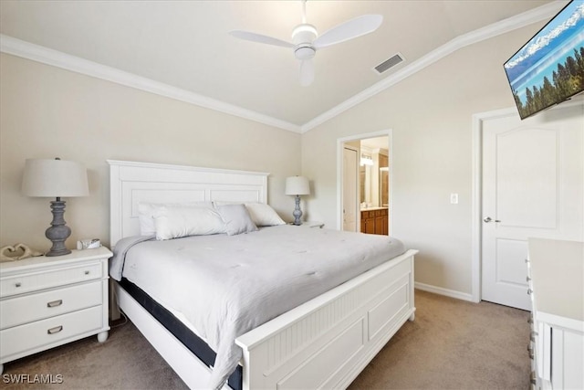 20680 Vita Ct, Venice, FL 34293 - bedroom with light colored carpet, lofted ceiling, crown molding, connected bathroom, and a ceiling fan
