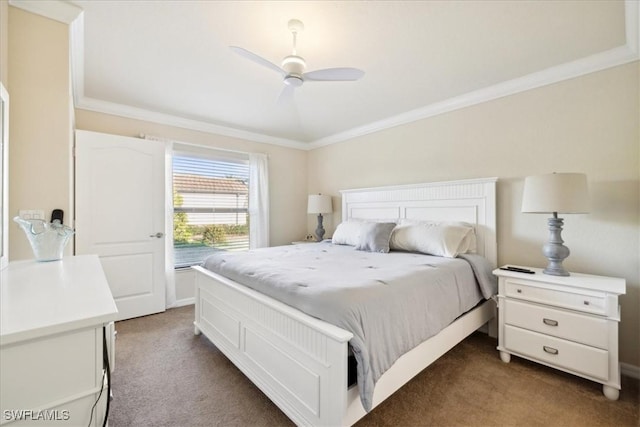 20680 Vita Ct, Venice, FL 34293 - bedroom featuring dark colored carpet, crown molding, and a ceiling fan