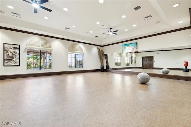 20680 Vita Ct, Venice, FL 34293 - exercise room with ceiling fan, recessed lighting, a tray ceiling, and ornamental molding