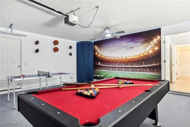 playroom featuring ceiling fan, concrete floors, and pool table