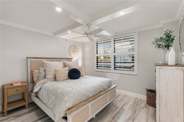 bedroom with ornamental molding, coffered ceiling, ceiling fan, beamed ceiling, and hardwood / wood-style floors