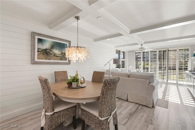 dining space with beam ceiling, wood walls, light hardwood / wood-style flooring, and coffered ceiling