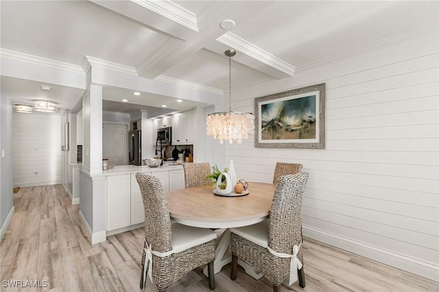 dining room with beam ceiling, light hardwood / wood-style flooring, coffered ceiling, and wood walls