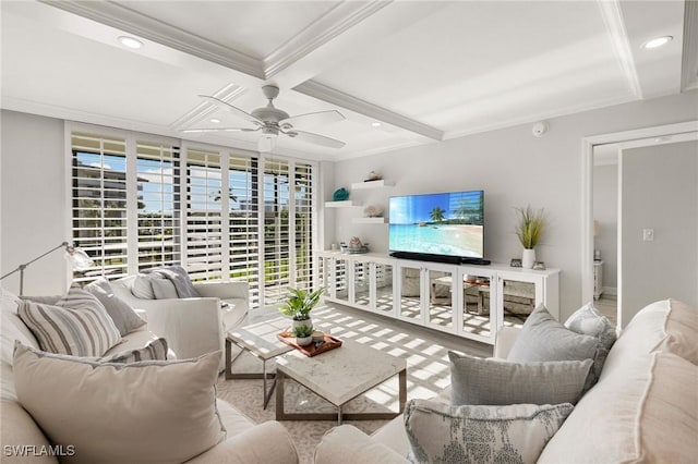 living room featuring beam ceiling, ceiling fan, crown molding, and coffered ceiling