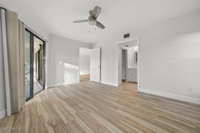 unfurnished bedroom with access to exterior, ceiling fan, and light wood-type flooring