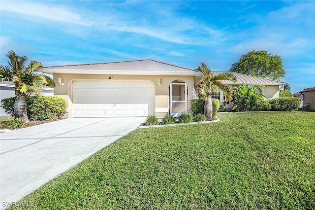 ranch-style house featuring a garage and a front lawn