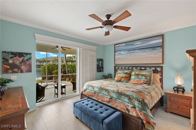 bedroom featuring access to outside, ornamental molding, a ceiling fan, and baseboards