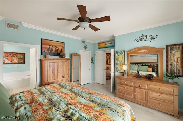 bedroom featuring light tile patterned floors, ceiling fan, visible vents, and crown molding