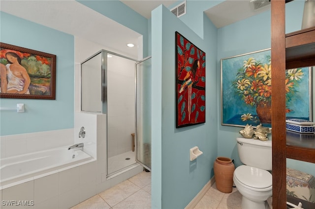 full bathroom featuring toilet, a garden tub, a shower stall, and visible vents