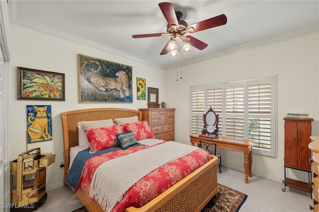 bedroom featuring a ceiling fan, light tile patterned floors, baseboards, and crown molding