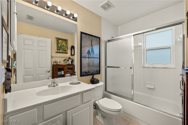 full bath featuring toilet, vanity, visible vents, and enclosed tub / shower combo