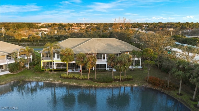 drone / aerial view featuring a water view