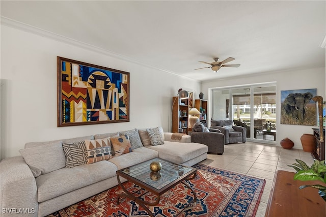 tiled living room featuring ceiling fan and crown molding