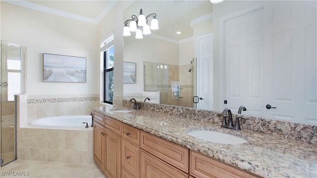 bathroom featuring tile patterned flooring, vanity, ornamental molding, and shower with separate bathtub