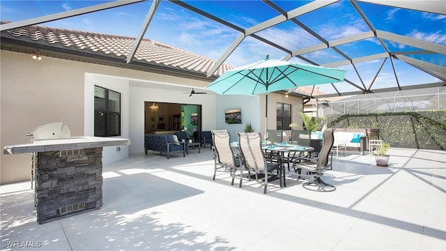 view of patio / terrace with an outdoor living space and a lanai