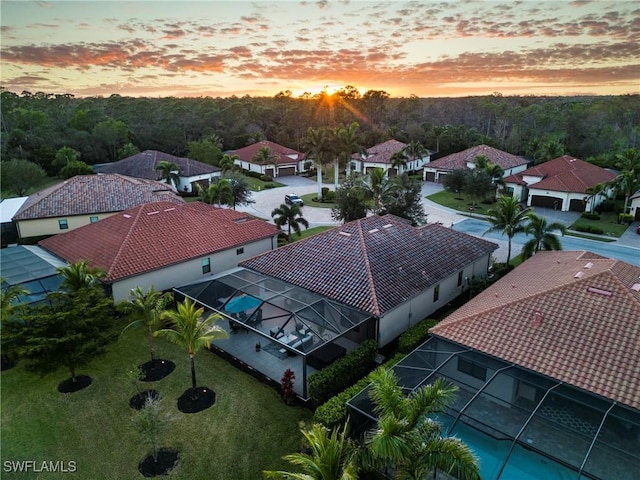 view of aerial view at dusk