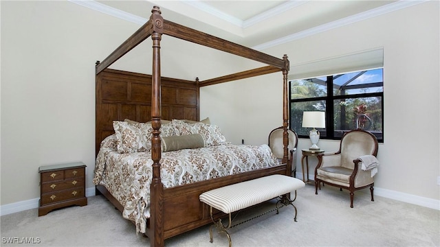 carpeted bedroom with crown molding