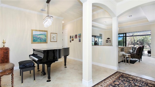 misc room with ornamental molding, light tile patterned floors, and a tray ceiling