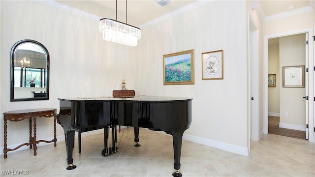 miscellaneous room featuring ornamental molding and a notable chandelier