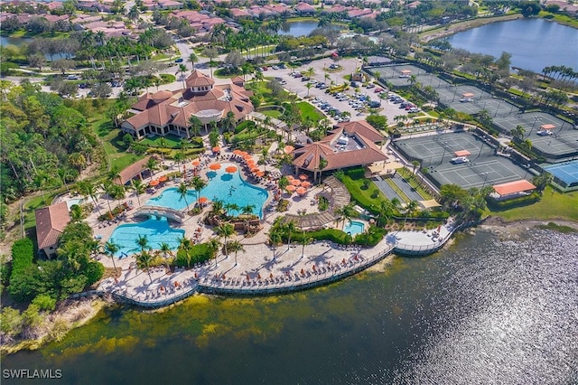 drone / aerial view with a water view