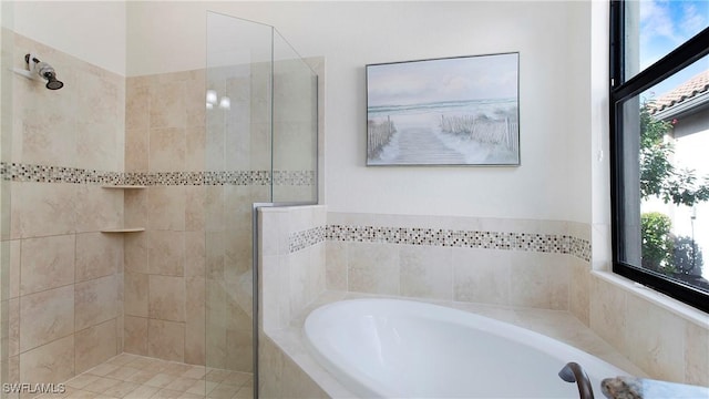 bathroom with separate shower and tub and a wealth of natural light