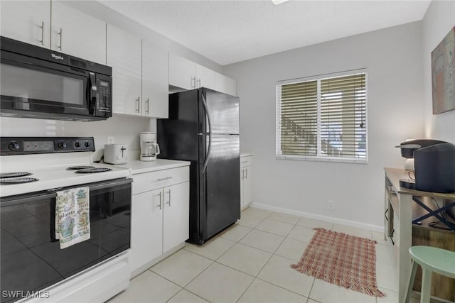 kitchen with a textured ceiling, white cabinets, black appliances, and light tile patterned floors