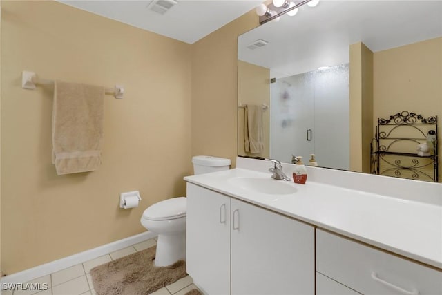 bathroom with walk in shower, tile patterned flooring, vanity, and toilet