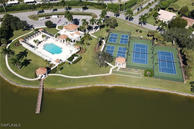 birds eye view of property featuring a water view