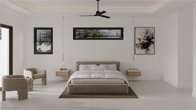 tiled bedroom with a raised ceiling and ceiling fan