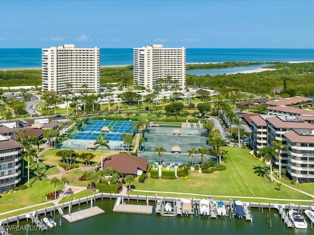 bird's eye view with a water view