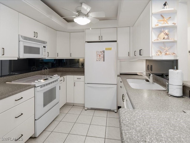 kitchen with white cabinetry, sink, ceiling fan, white appliances, and light tile patterned floors