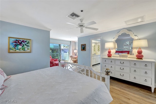 bedroom featuring access to exterior, ceiling fan, light wood-type flooring, and ornamental molding