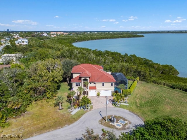 birds eye view of property with a water view