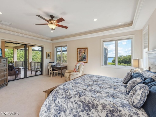 bedroom featuring carpet flooring, access to outside, ceiling fan, and ornamental molding