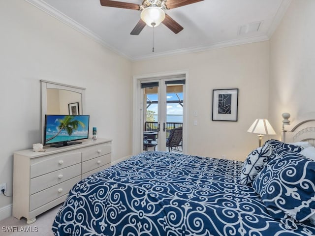 bedroom featuring ceiling fan, access to exterior, crown molding, and light carpet