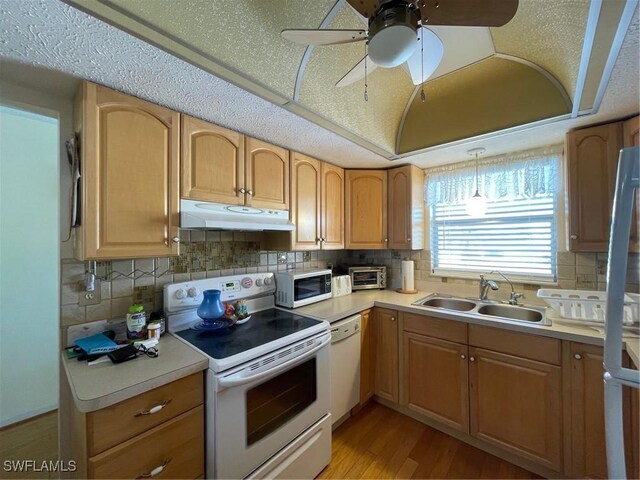 kitchen with sink, white appliances, decorative light fixtures, ceiling fan, and backsplash