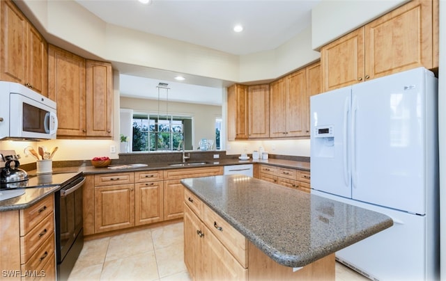 kitchen with pendant lighting, sink, white appliances, light tile patterned floors, and a center island