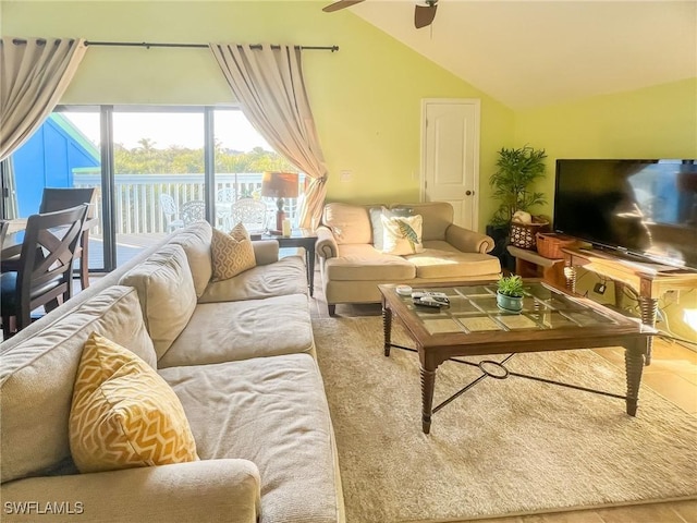 564 Coral Cir, Captiva, FL 33924 - living room featuring a ceiling fan and vaulted ceiling